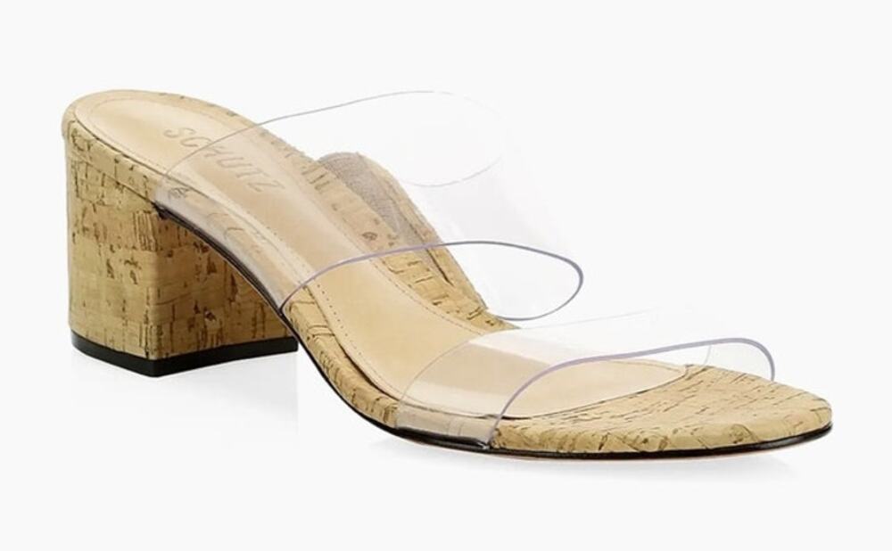 Schutz Clear Cork Shoes Victorie Sandal 9B $140 Vinyl Leather Boho Heel Slip on